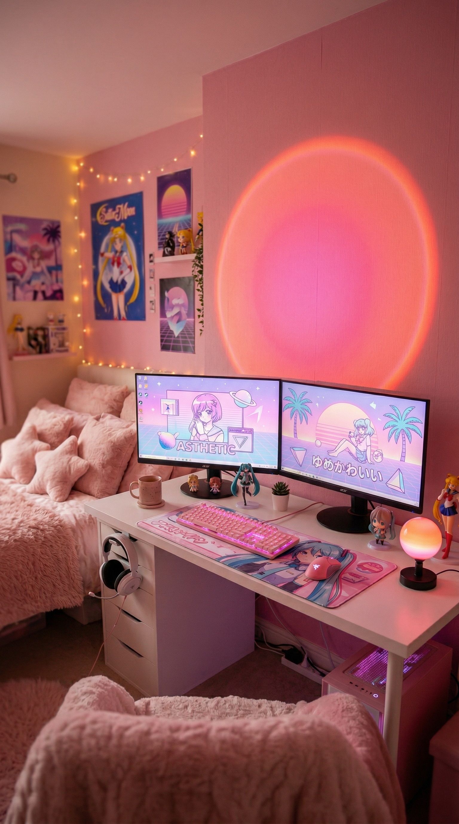 7 Aesthetic Pink Wallpaper Bedroom Setup Ideas for Gamers Setup Image