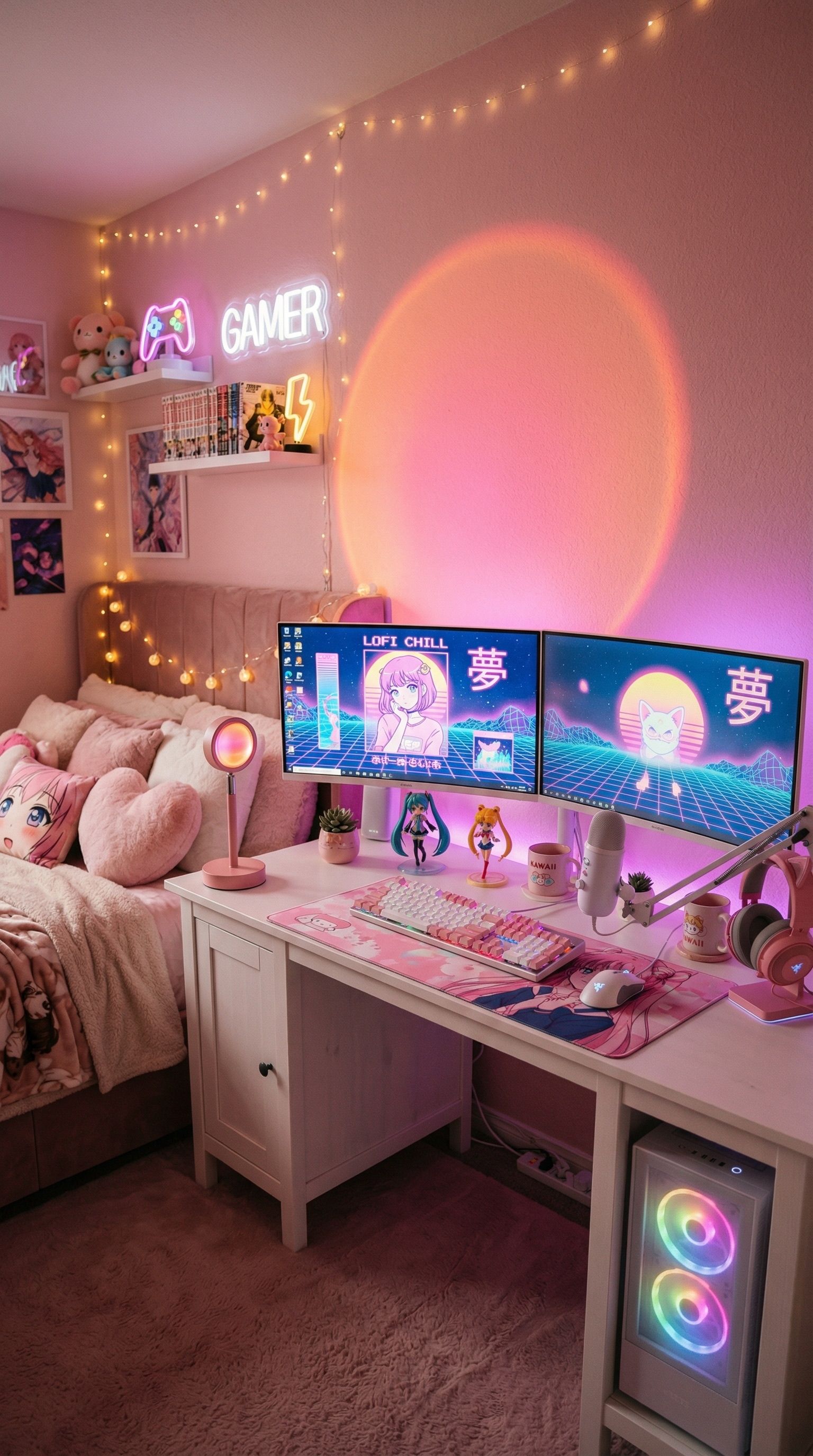 7 Aesthetic Pink Wallpaper Bedroom Setup Ideas for Gamers Setup Image