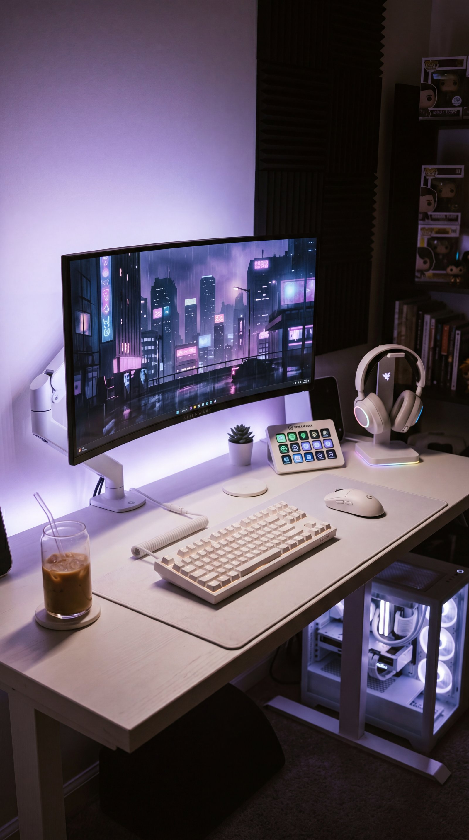 White gaming setup at night with purple LED ambient lighting, curved ultrawide monitor, white gaming chair, and floating shelves with Nintendo figurines