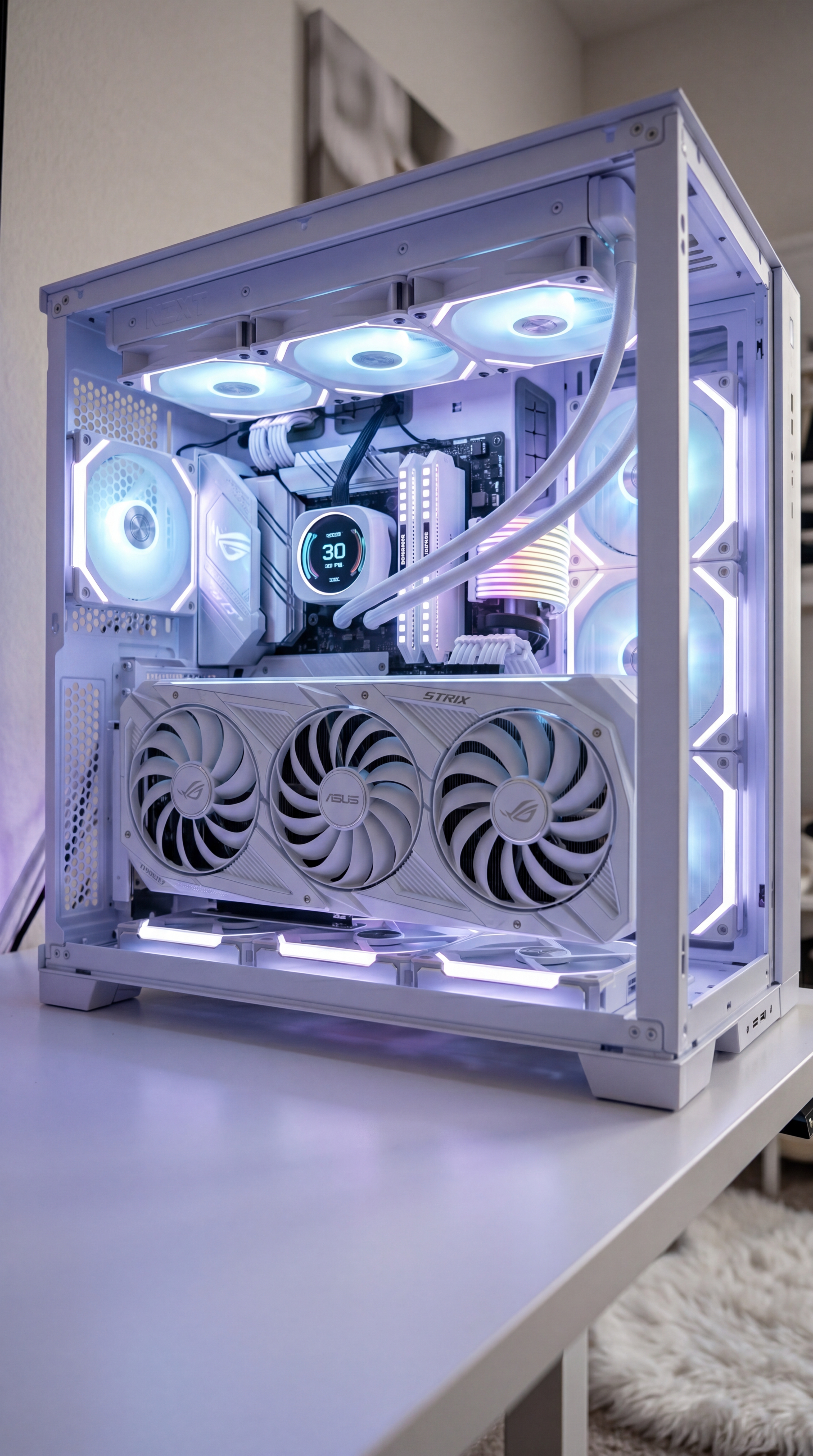 Interior of all-white PC build showing ASUS ROG STRIX GPU, 360mm AIO cooler with LCD pump head, and Strimer RGB cables glowing cyan and purple