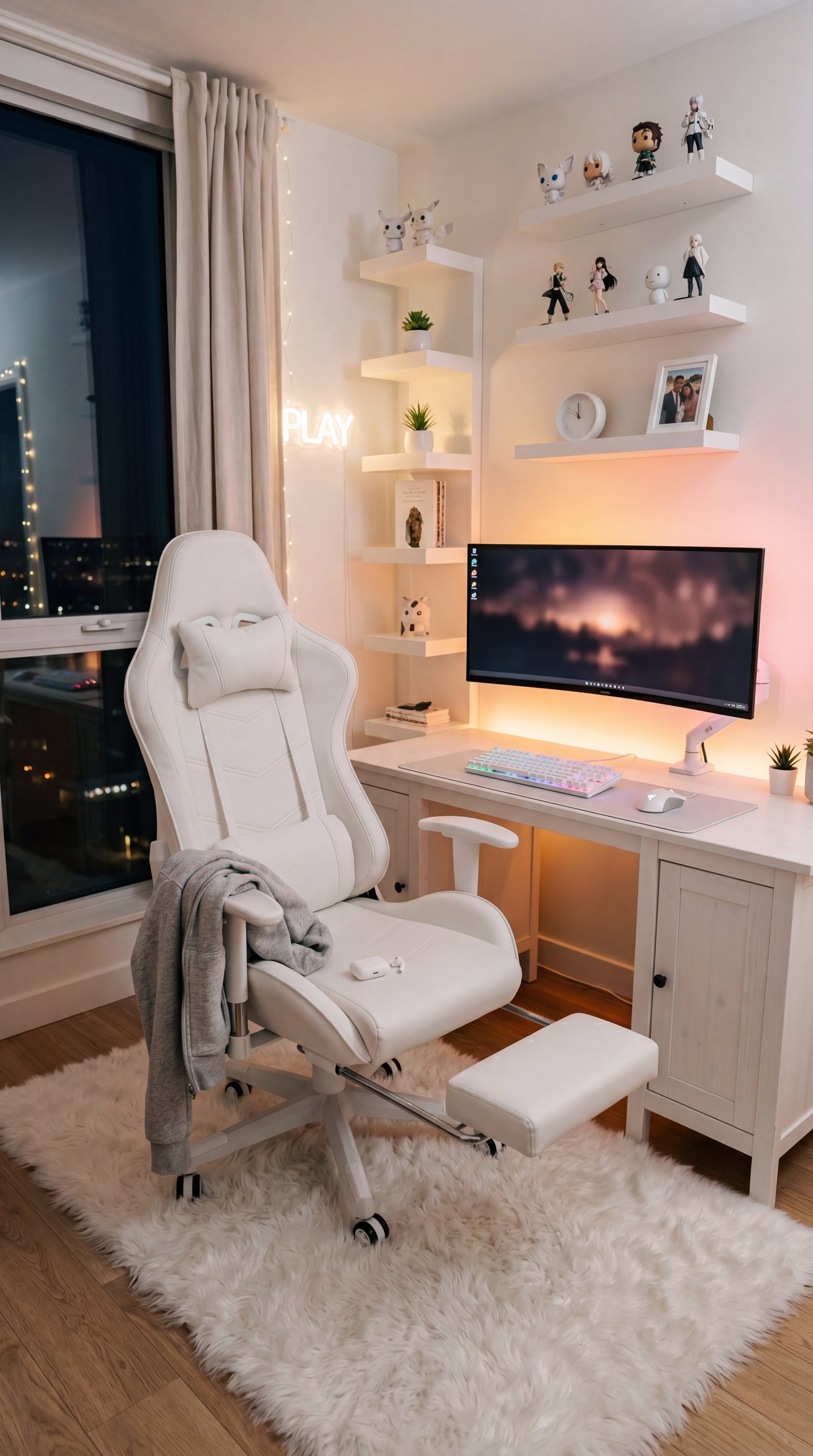 White gaming chair with extended footrest and grey blanket on faux fur rug, floating shelves with anime figurines, PLAY neon sign, and warm ambient lighting