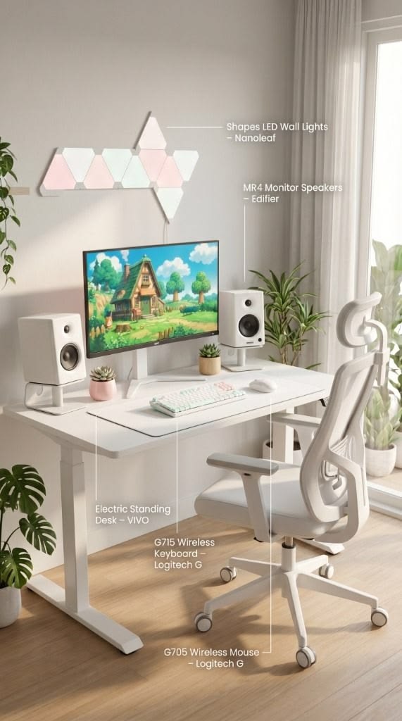 Cute white gaming setup with VIVO electric standing desk, Logitech G715 keyboard and G705 mouse on a clean white desk mat
