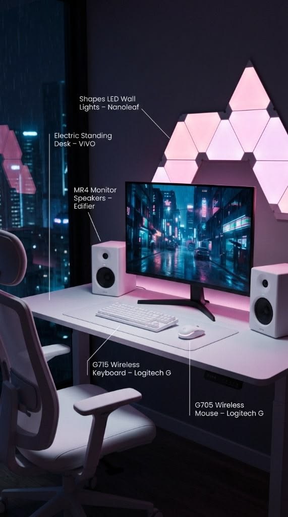 Aesthetic white gaming room featuring Logitech G715 Aurora White keyboard, G705 mouse, and Nanoleaf Shapes LED wall lights