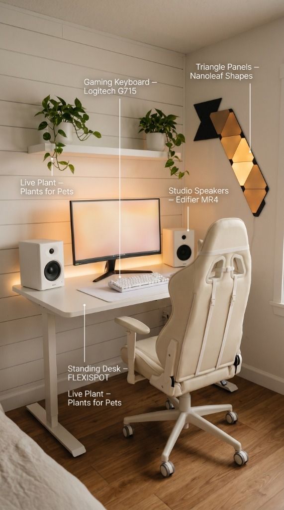 Clean White Gaming Desk Setup featuring FLEXISPOT standing desk, Logitech G715 keyboard, Edifier MR4 speakers, and Nanoleaf triangle panels