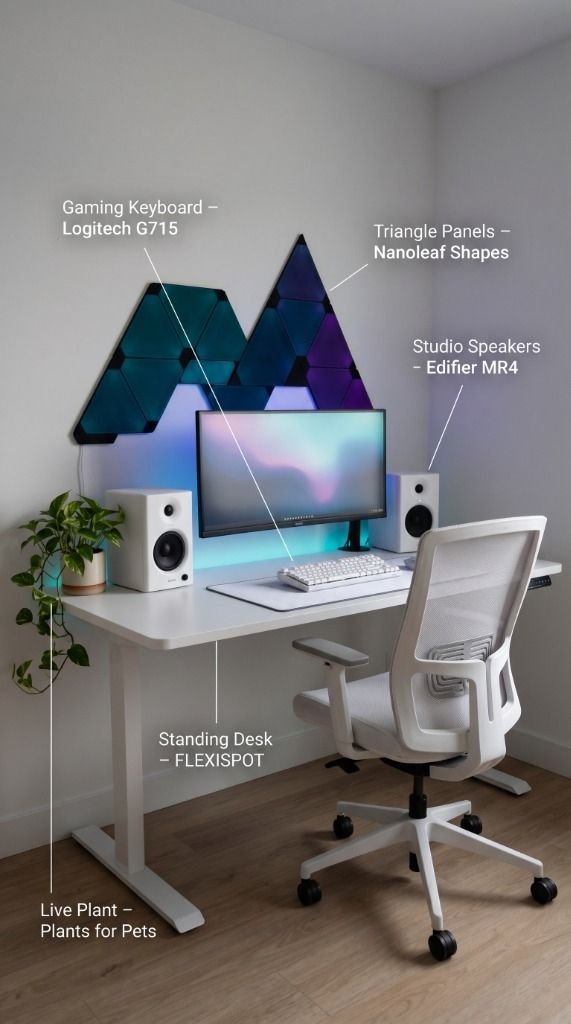 White gaming desk with Nanoleaf Shapes Black Triangle Panels glowing teal and purple above the monitor