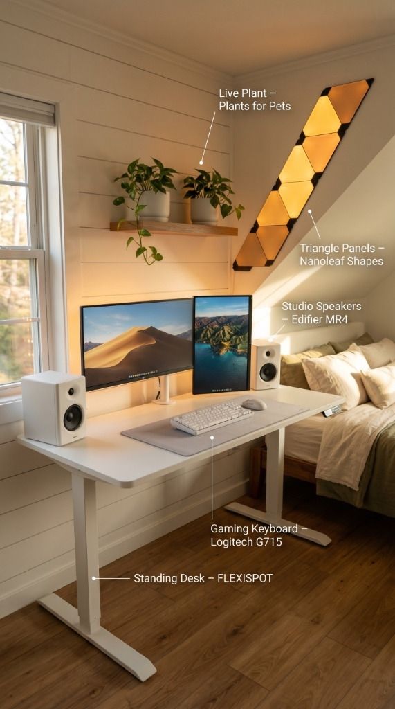 Pothos plant from Plants for Pets on a white gaming desk setup with Edifier MR4 studio monitor speakers