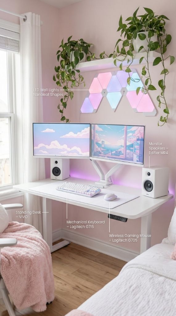 Ultimate Pastel Pink Kawaii Gaming Setup Guide with Nanoleaf Shapes Setup Image