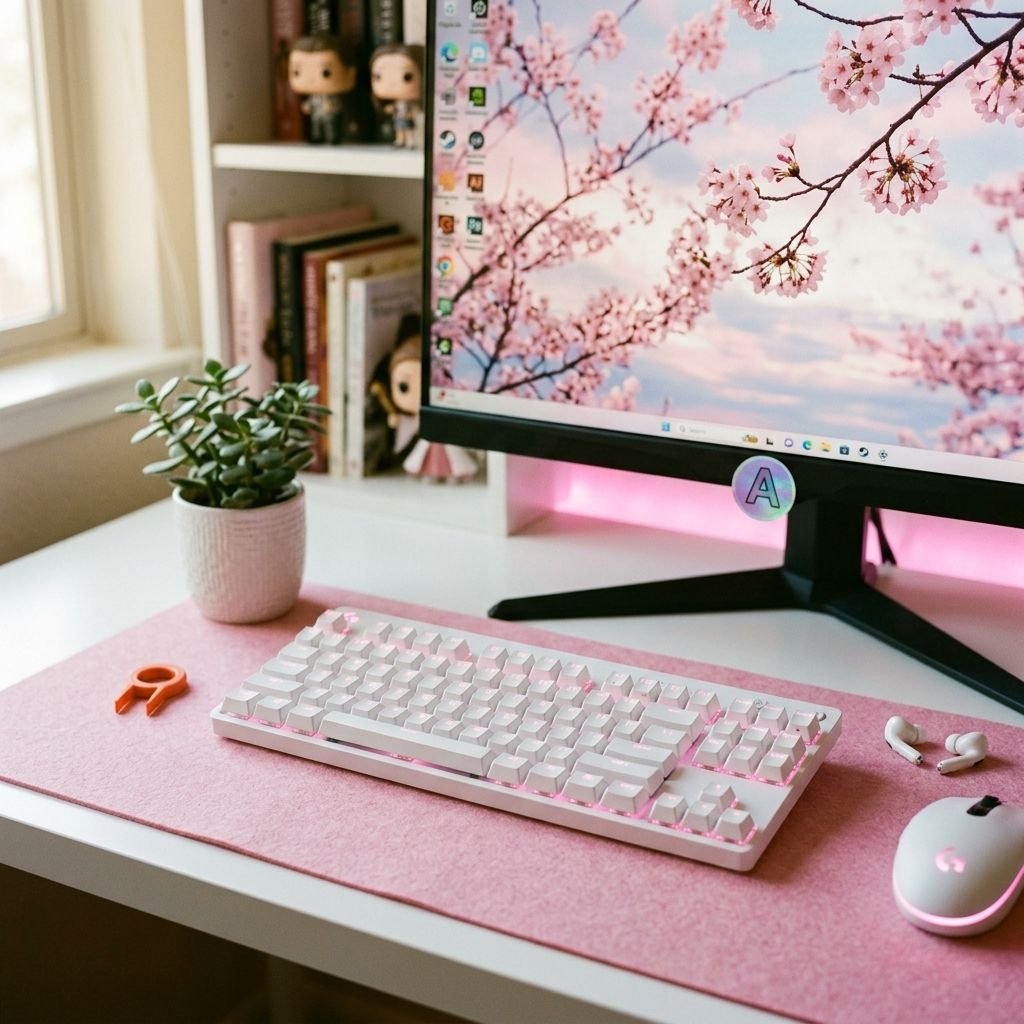 Cute White & Pink Desk Setup for Her — The Prettiest Gaming Room Aesthetic Setup Image