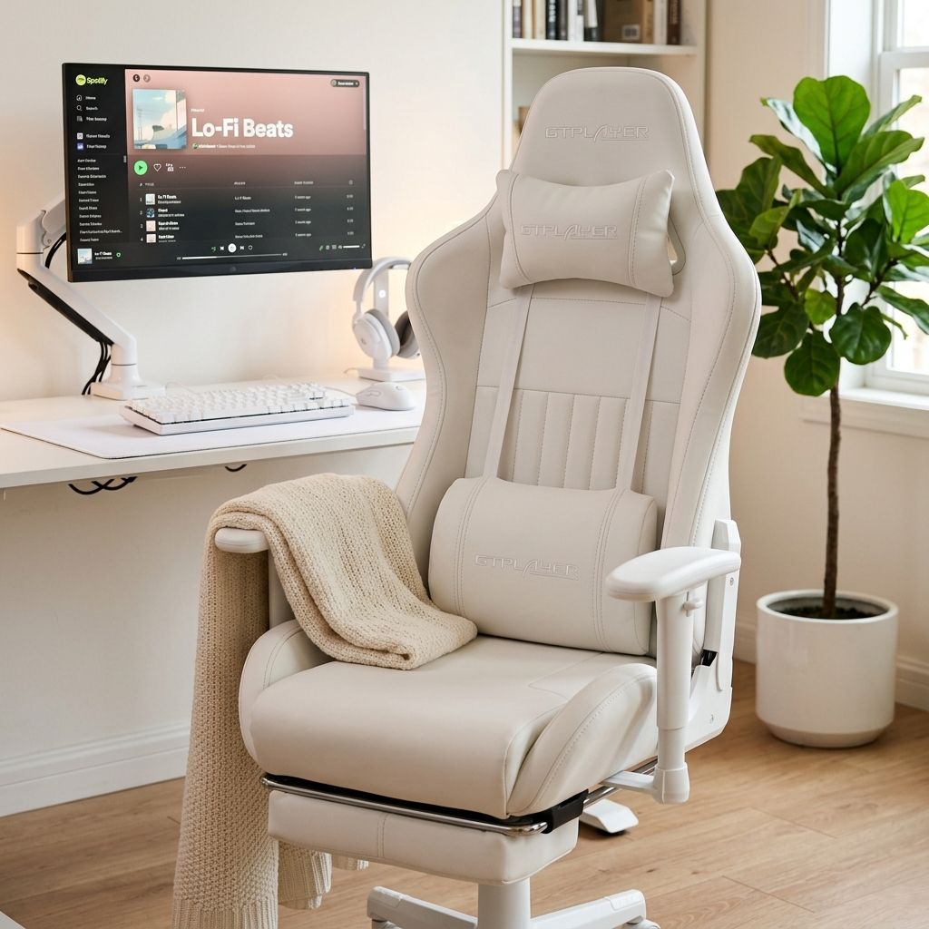 Cozy Matcha & White Gaming Desk Setup Setup Image