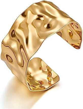 This Under-$70 Amazon Detail Makes A Basic Fit Look Planned ? — WOWORAMA Hammered Chunky Cuff Bracelets for Women Vintage Boho Wide Bangle Bracelets Irregular Statement Bracelet Thick Arm Cuff Gold Silver Bracelet