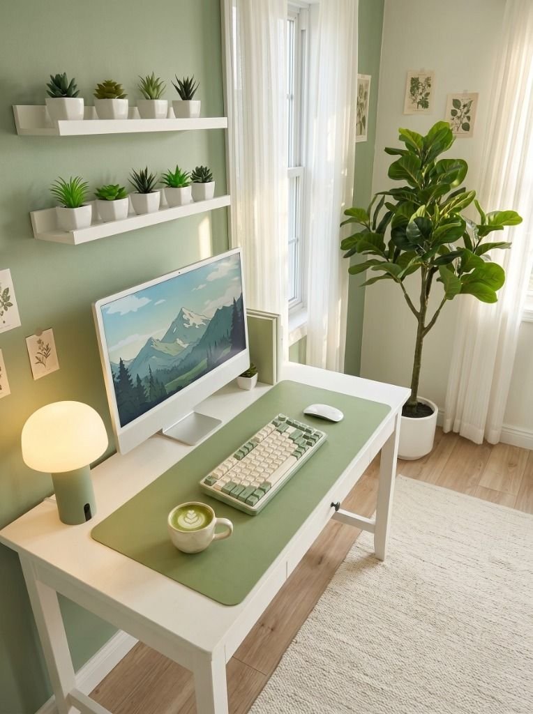 Sage Green WFH Desk That Looks Straight Out of Pinterest Setup Image