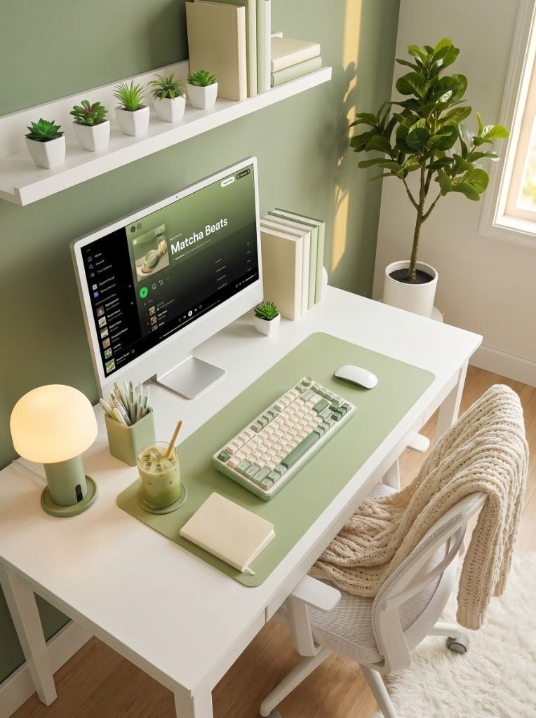 Sage Green WFH Desk That Looks Straight Out of Pinterest Setup Image