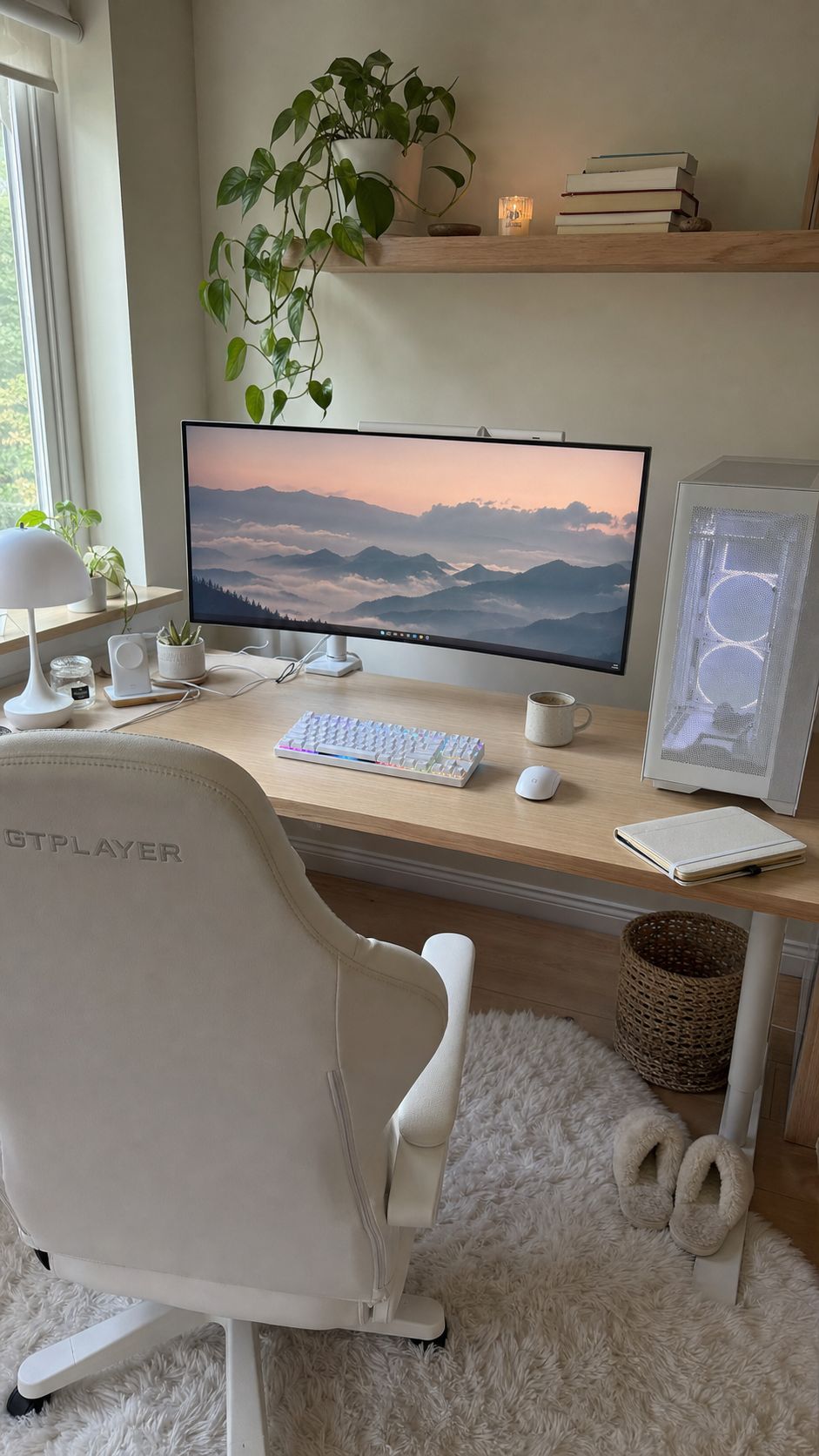 Cozy white gaming setup with white keyboard, white gaming chair, white PC case, and soft rug