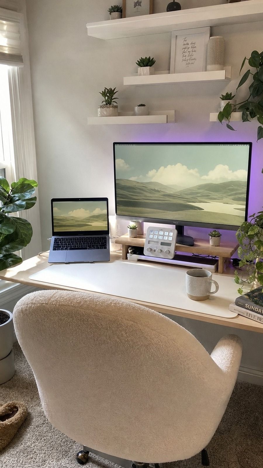 Botanical Cozy WFH Corner desk setup with HOMIEAZICOZI Large Desk Mat, Elgato Stream Deck + White, soft daylight, and botanical shelf styling