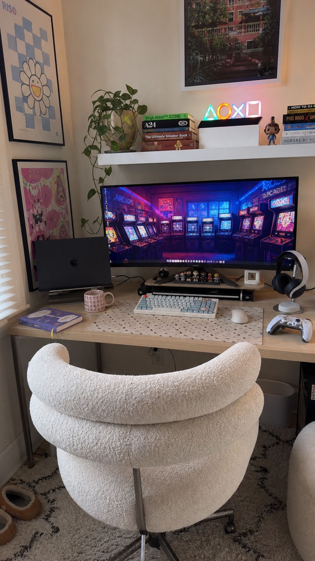FunHaus Eclectic Gaming Setup desk setup with ASUS ROG Strix 34-inch Ultrawide Monitor, PlayStation 5 Pro Console, soft daylight, and botanical shelf styling