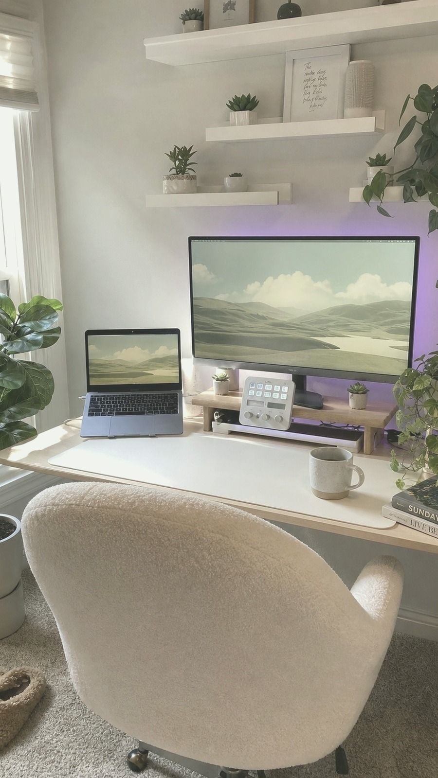 Matcha Jade Desk Setup desk setup with LG C5 OLED TV, Veratric Ergonomic Office Chair, soft daylight, and botanical shelf styling