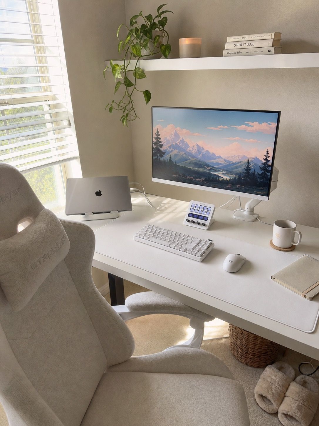 Cozy White Gaming Setup Ideas for a Soft-Lit Clean Desk Space desk setup with Logitech G PRO X TKL Keyboard, Logitech G PRO X Superlight 2 Mouse, soft daylight, and botanical shelf styling