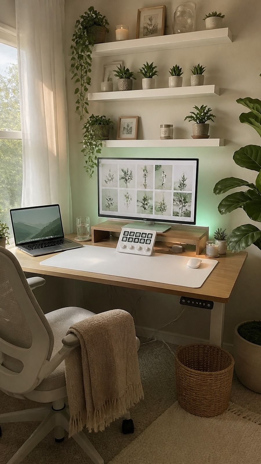 Alternate angle of a botanical cozy wfh corner with floating shelves, greenery, and pale wood accents