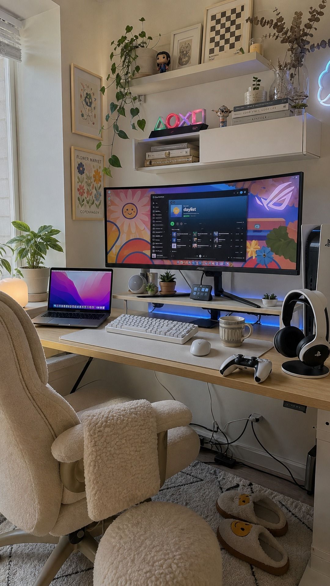Alternate angle of a funhaus eclectic gaming setup with floating shelves, greenery, and pale wood accents