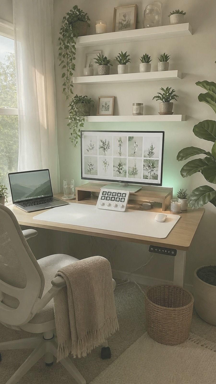Alternate angle of a matcha jade desk setup with floating shelves, greenery, and pale wood accents