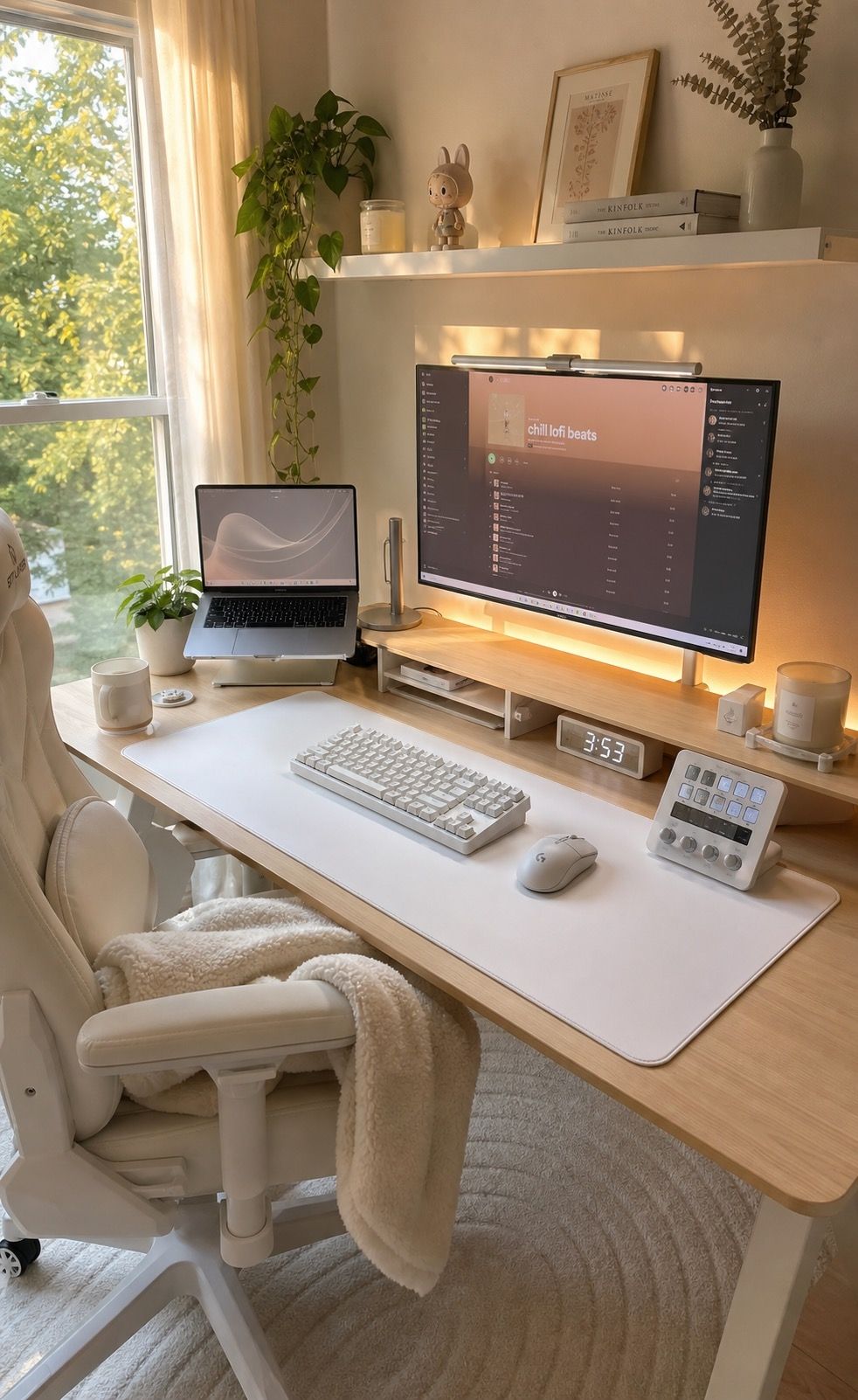 Alternate angle of a cozy white gaming setup ideas for a soft-lit clean desk space with floating shelves, greenery, and pale wood accents