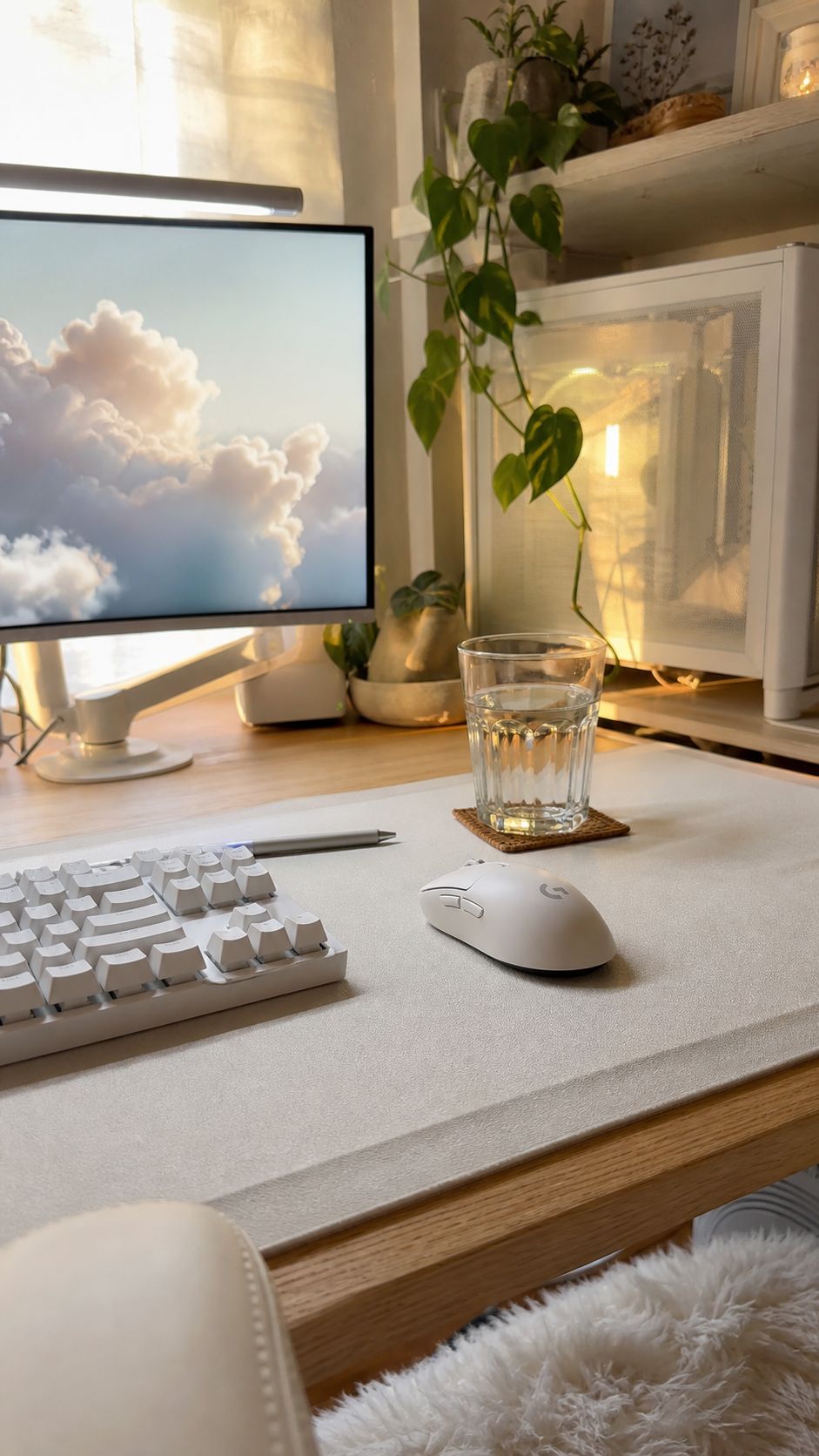 Close-up white gaming desk scene with mouse, keyboard edge, and soft cloud wallpaper