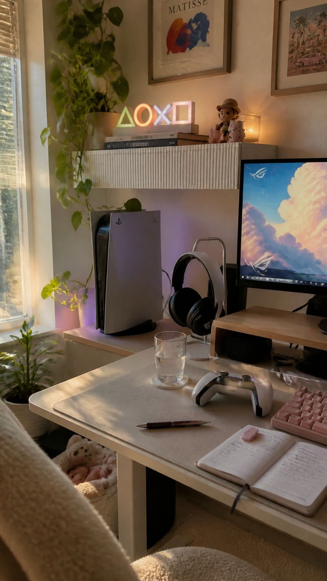Close-up botanical desk vignette with cozy lighting, layered plants, and textured accessories