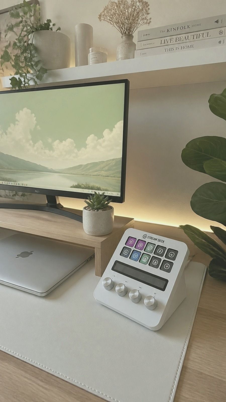 Close-up botanical desk vignette with cozy lighting, layered plants, and textured accessories
