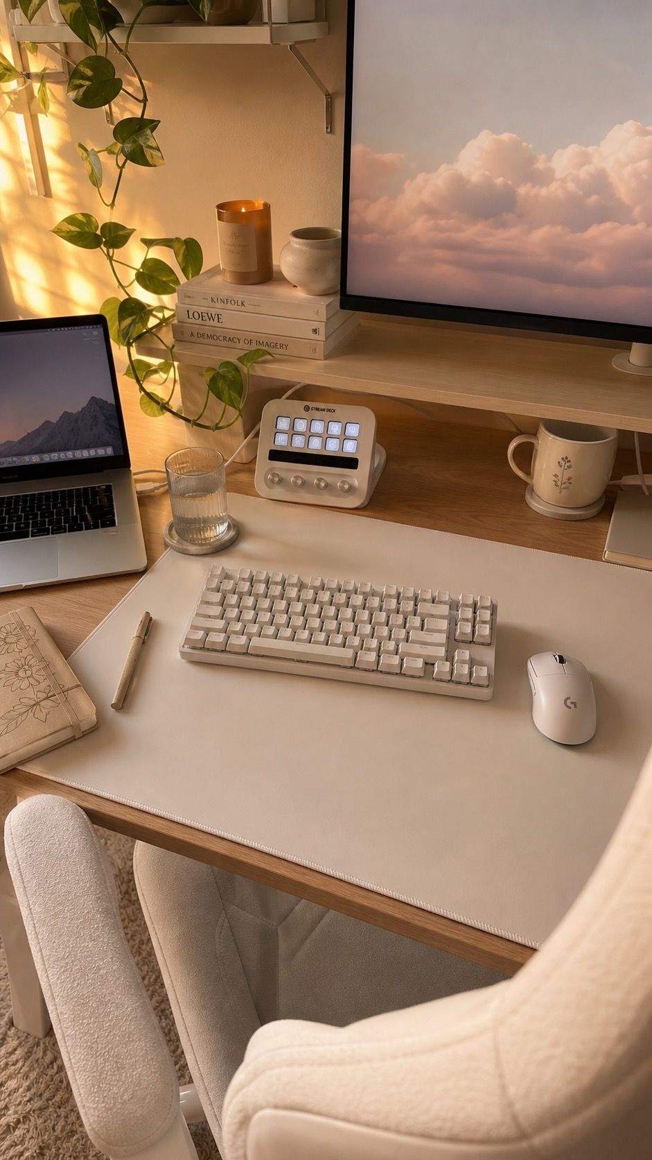 Close-up botanical desk vignette with cozy lighting, layered plants, and textured accessories