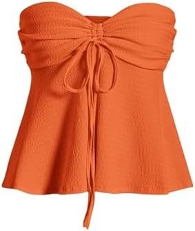 Late night fit diaries: cozy and edgy Amazon outfits — Milumia Women Tie Front Ruched Tube Top Y2k Summer Strapless Peplum Tops Babydoll Flowy Tops