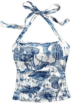 Midday fit check: casual streetwear for running errands — WDIRARA Women's Y2K Ruched Graphic Print Halter Neck Top Tie Back Square Neck Sleeveless Slim Fit Cami Tops