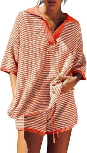 The Errand Had Witnesses, So I Wore The Soft Set — Tankaneo Womens Sweater Set 2 Piece Outfits Oversized 3/4 Sleeve V Neck Knit Tops High Waisted Shorts Lounge Sets