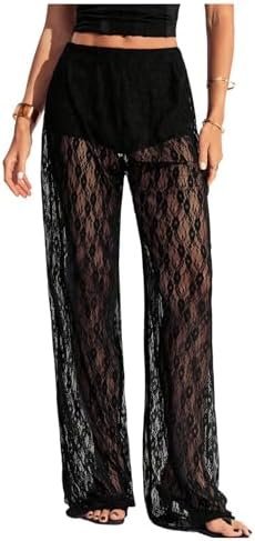 Glowy golden hour vibes in this entire Amazon fit haul — RoseSeek RoseSeek Women's Y2K Floral Lace See Through Pants Sheer Straight Leg Long Pants Club Wear