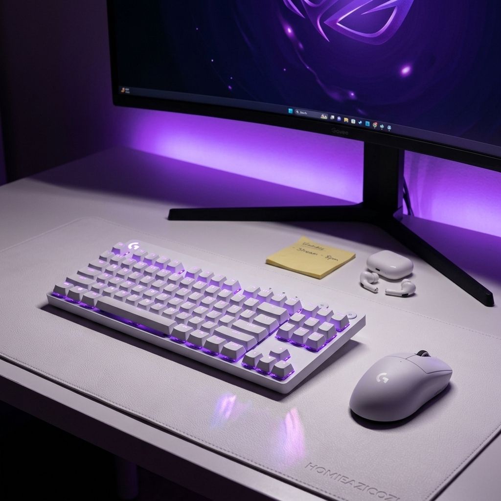 Purple Gaming Desk Setup — Clean White Aesthetic with Violet RGB Glow Setup Image