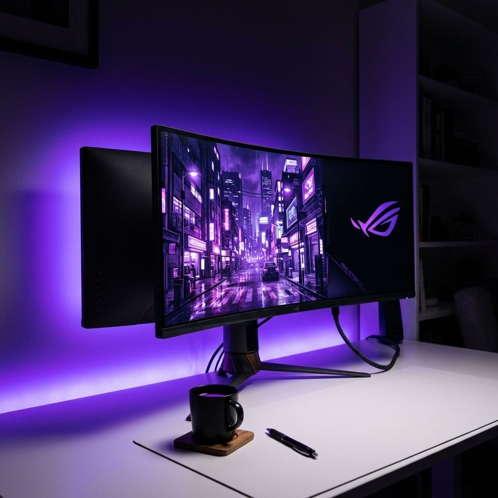 Purple Gaming Desk Setup — Clean White Aesthetic with Violet RGB Glow Setup Image