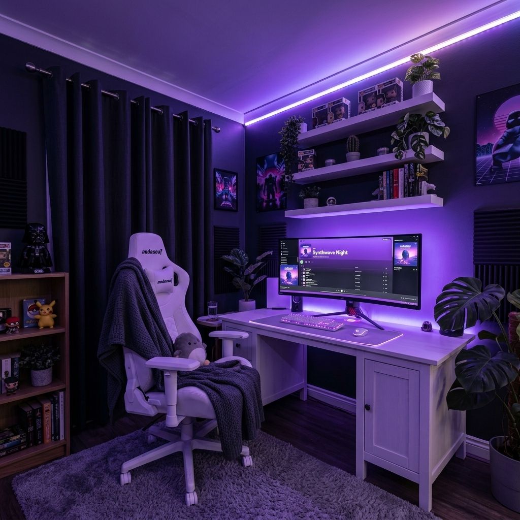 Purple Gaming Desk Setup — Clean White Aesthetic with Violet RGB Glow Setup Image