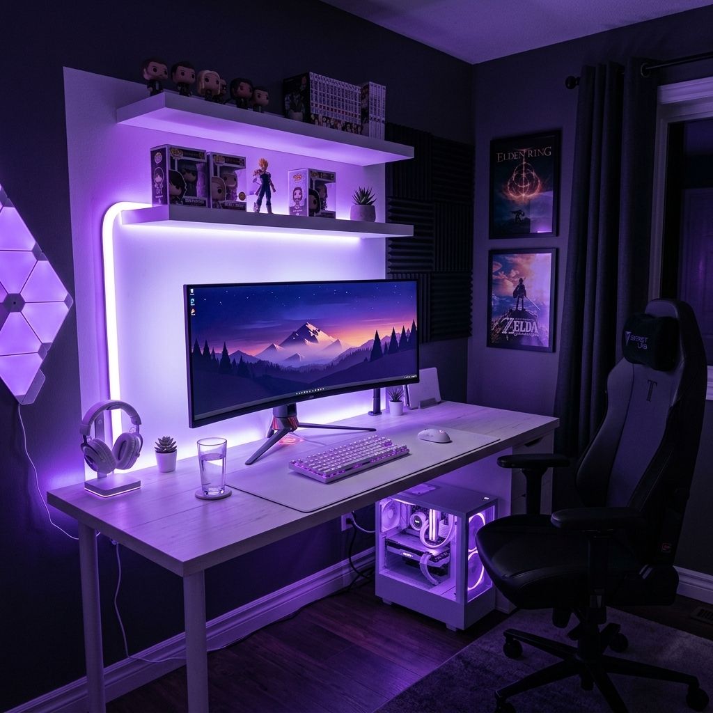 Purple Gaming Desk Setup — Clean White Aesthetic with Violet RGB Glow Setup Image