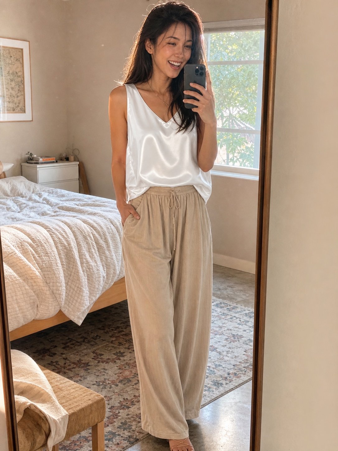 The Patio Got Cold. The Satin Cami Stayed Cute — UGC Try-On Look