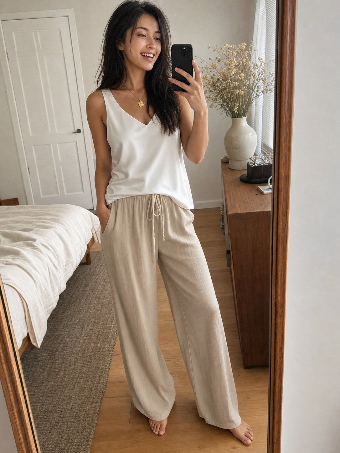 The Patio Got Cold. The Satin Cami Stayed Cute — Outfit Detail