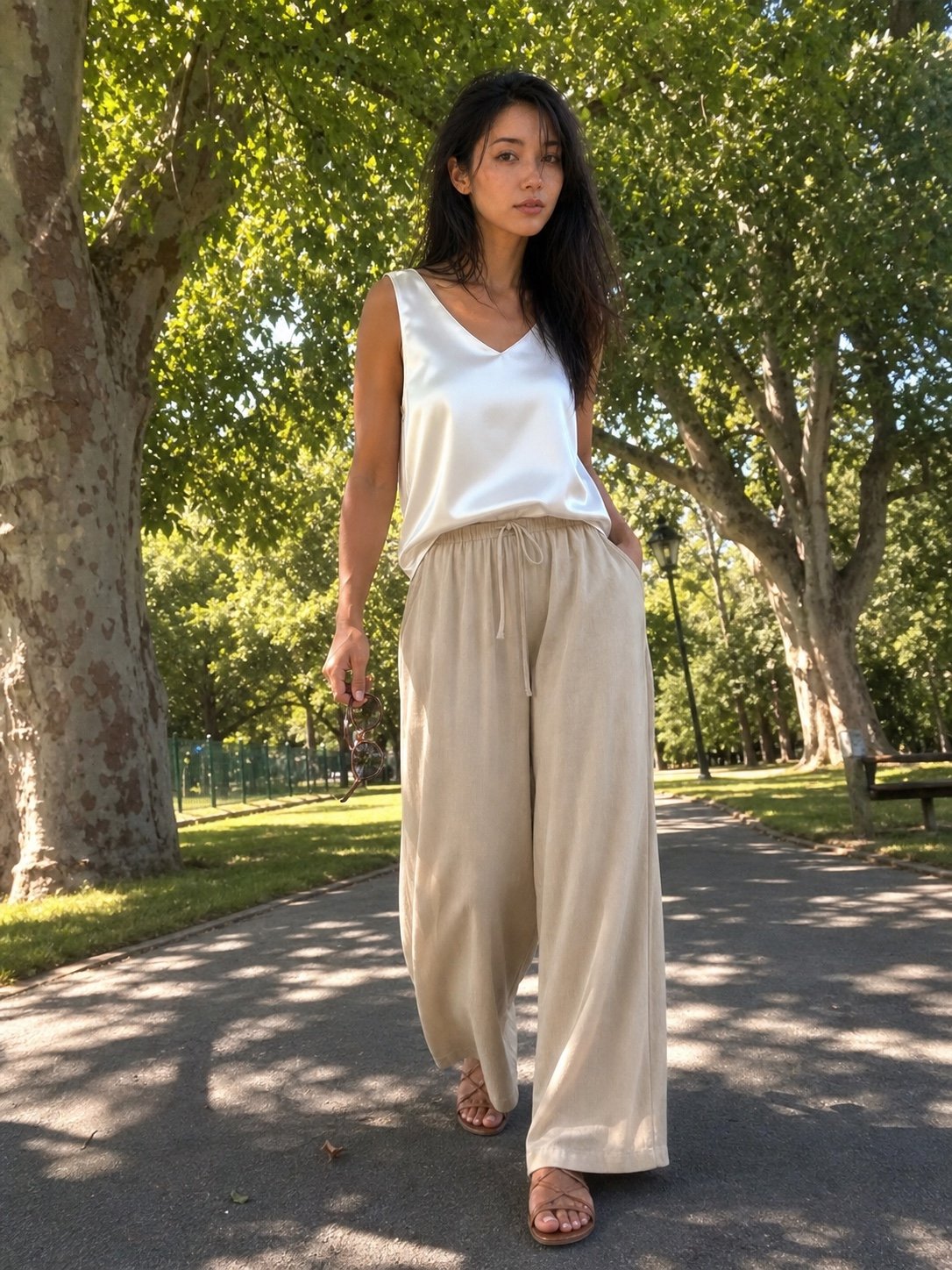 The Patio Got Cold. The Satin Cami Stayed Cute — Outfit Detail