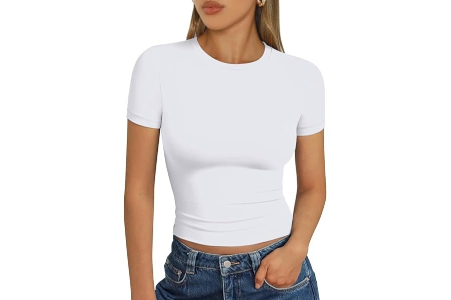 One T-Shirt, several outfit plot twists — Trendy Queen Womens Short Sleeve T Shirt Buttery Soft Summer Tops Basic Tees