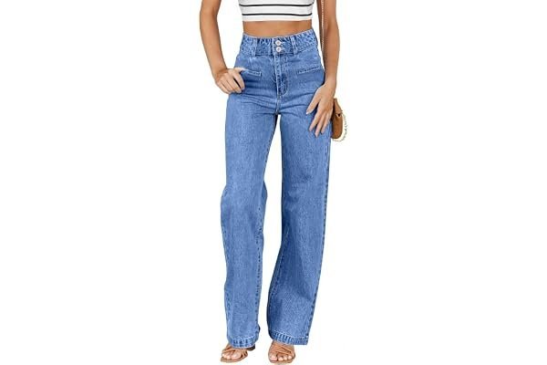 Mood check: transitioning from day to sunset in this Amazon fit — Sidefeel Women's Jeans High Waisted Straight Leg Stretchy Jeans Trendy Loose Wide Leg Zimbaplatinum Denim Pants with Pockets