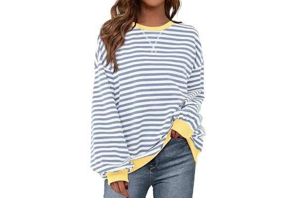 getting ready at 7am: cozy morning look from Amazon — BTFBM Sweatshirt For Women 2026 Fall Crewneck Long Sleeve Oversized Striped Pullover Tops Y2K Clothes Workout Shirt