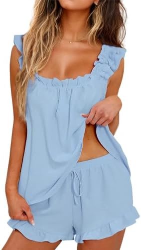 Midnight styling check: atmospheric street vibes — KFUBUO Womens Pajamas Set 2 Piece Ruffle Pj Soft Tank Top and Shorts Sleepwear Set Bridal Pajama for Women Set