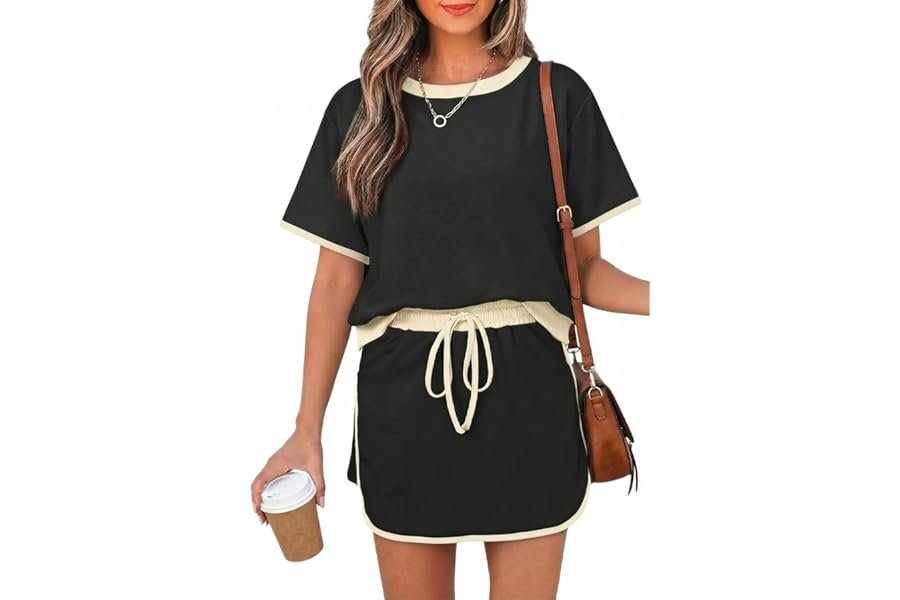 A small wardrobe experiment starring Shorts — Opemiby Womens 2 Piece Skort Set 2026 Color Block Short Sleeve Top Drawstring Skort Matching Sets Casual Lounge Summer Outfit