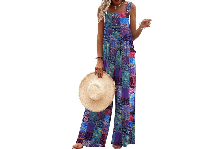 The wardrobe experiment styling formula for Wide-Leg Dress — Ekouaer Women's Casual Overalls Loose Wide Leg Jumpsuits Summer Boho Floral Printed Baggy Rompers with Pockets