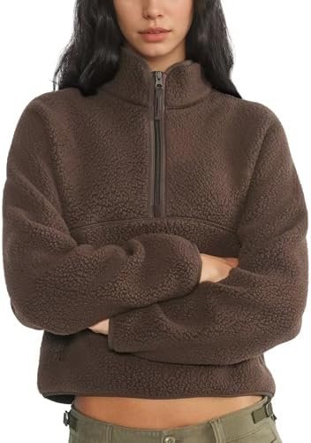 How to look put-together for late night runs (Amazon OOTD) — Keeliya Womens Fleece Sweatshirts Cropped Half Zip Fuzzy Warm Sherpa Pullover Varsity Jackets with Zipper Pockets