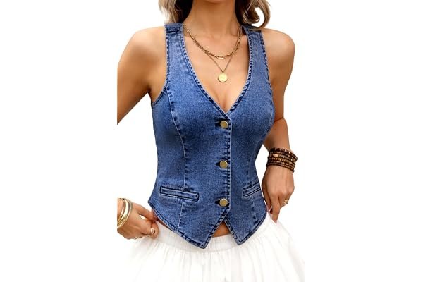 The Cropped Jacket outfit multiverse — ELLEVEN Women's Summer Cropped Denim Vest, High Stretch V-Neck Western Country Style Jean Vest with Faux Pockets