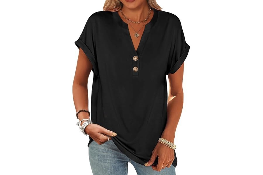 Shorts understood the assignment before I did — ANRABESS Womens Short Sleeve Henley Tops V Neck Dressy Casual Blouses Summer Trendy Tee Shirts 2026 Vacation Fashion Clothes