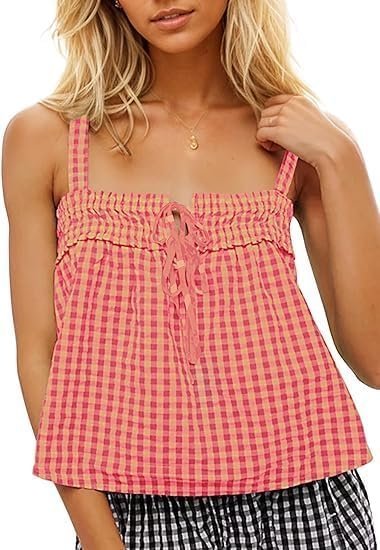 The at-home styling trick: letting Tank Top set the visual tone — Anoumcy Cotton Gingham Tie Front Tank Tops for Women Girls Cute Plaid Tank Tops Casual Summer Going Out Top